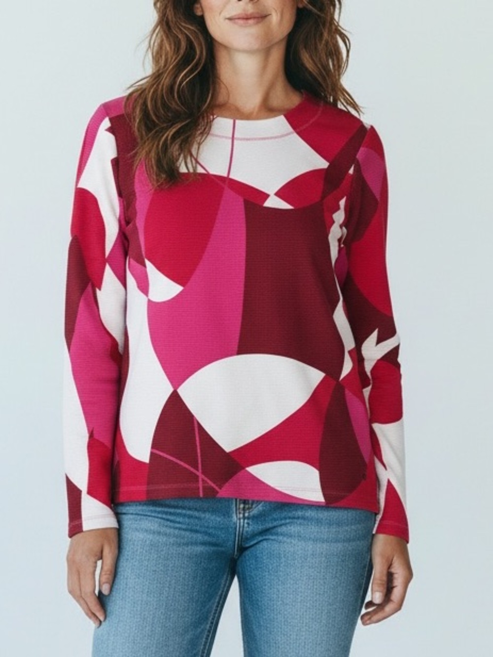 Olsen euro boutique Abstract Pink & White Long-Sleeve Crewneck